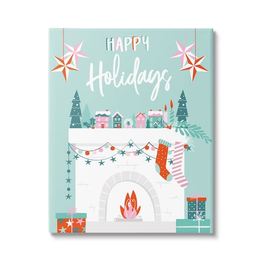 Stupell Industries Happy Holidays Festive Mantel Stockings Canvas Wall Art